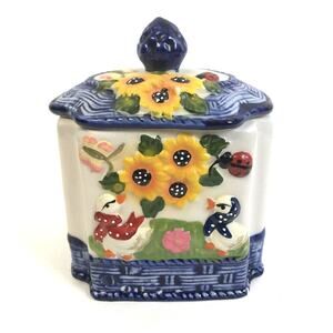 Ceramic Tea anister Caddy Blue Yellow Duck Black Eyed Susan Asian Trinket Box